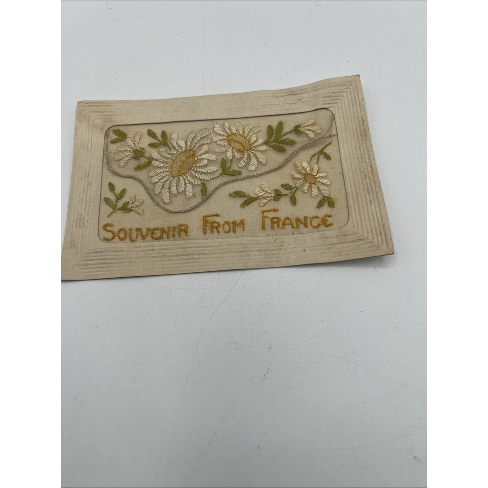 VTG White Yellow Flowers Embroidered Postcard 1918 Souvenir From France Ephemera